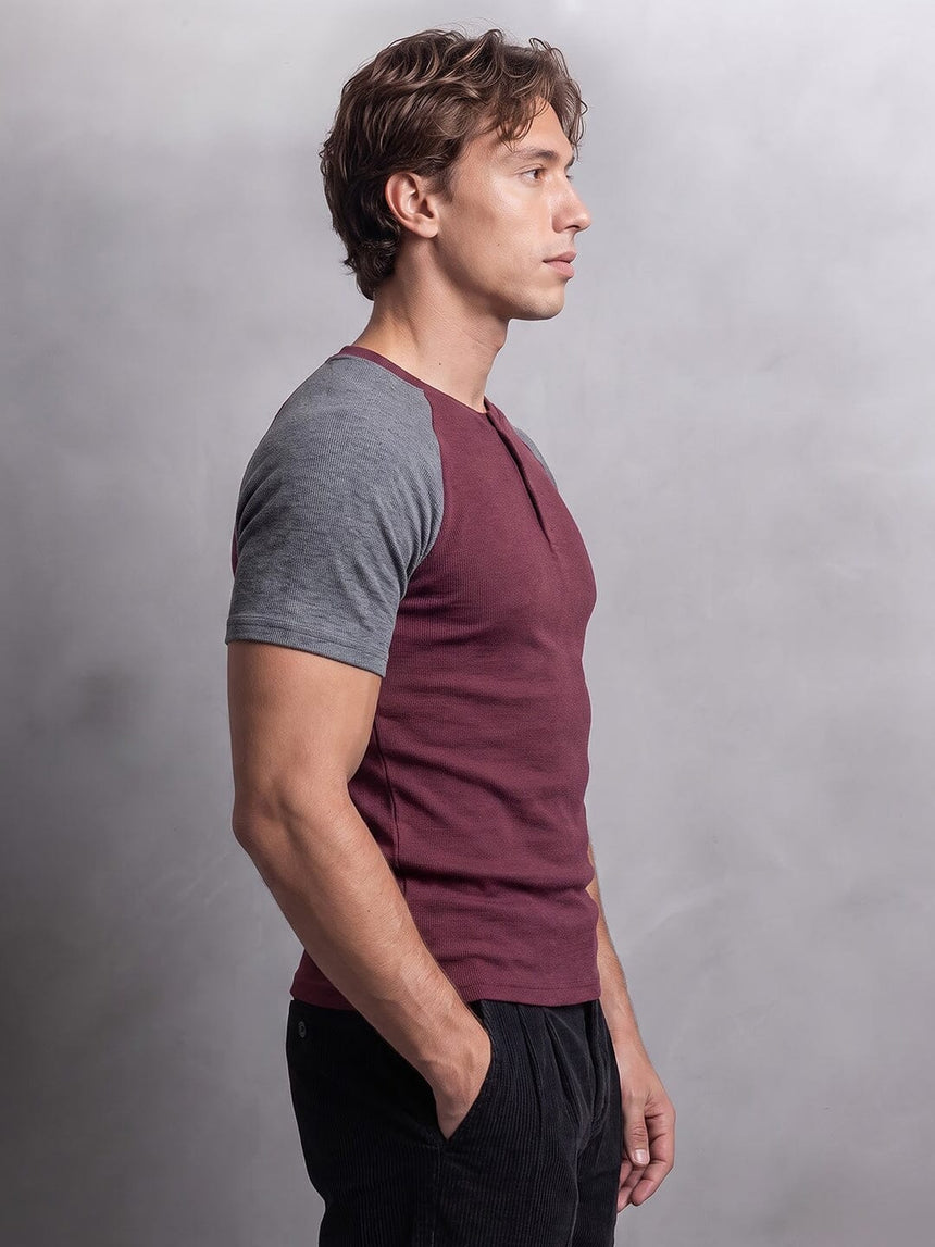 Grey And Maroon Ribbed Raglan Short Sleeve Henley Tshirt T-Shirts Fugazee