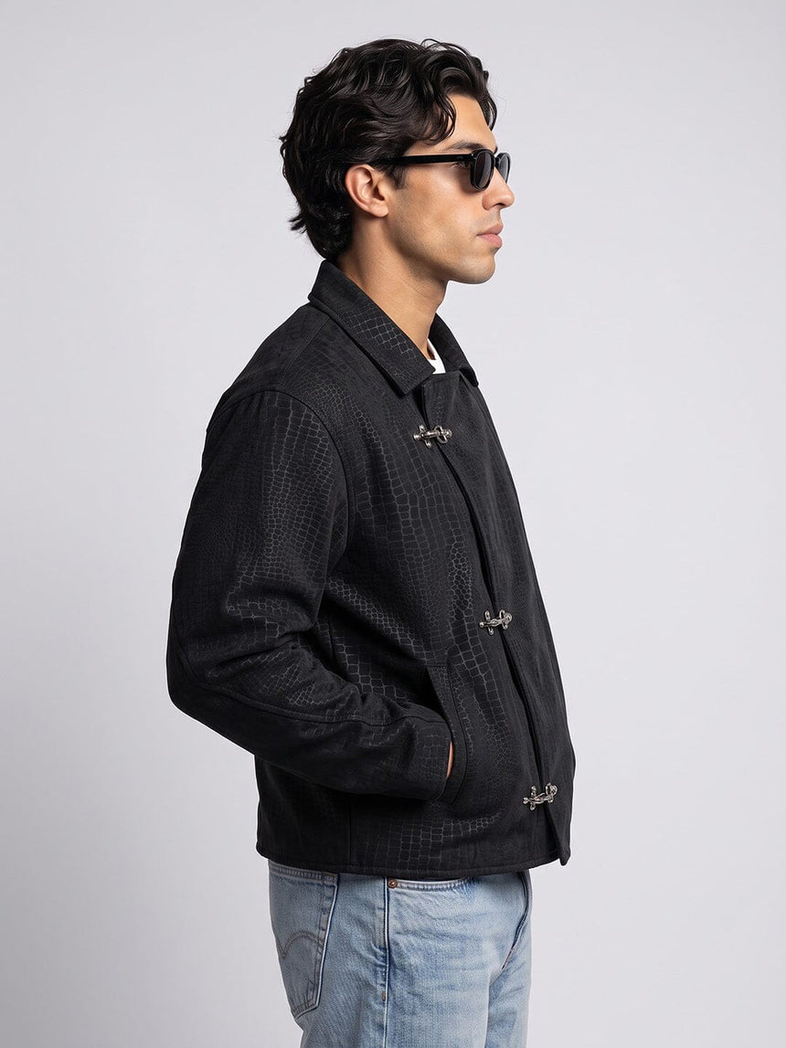 Black Croc Textured Fireman Clasp Harrington Jacket Jackets Fugazee