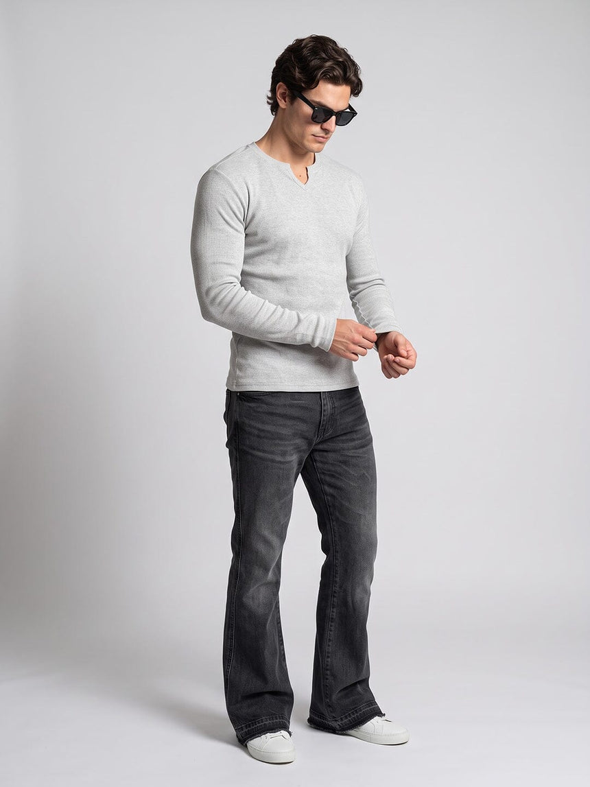 Grey Melange Notch Neck Ribbed Longsleeve Tshirt T-Shirts Fugazee