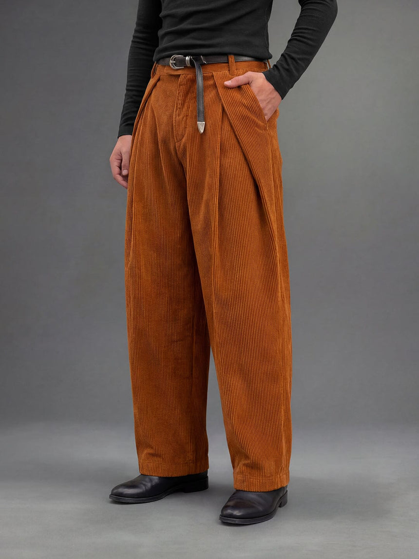 Mustard Orange Pleated Corduroy Korean Pants Trousers Fugazee