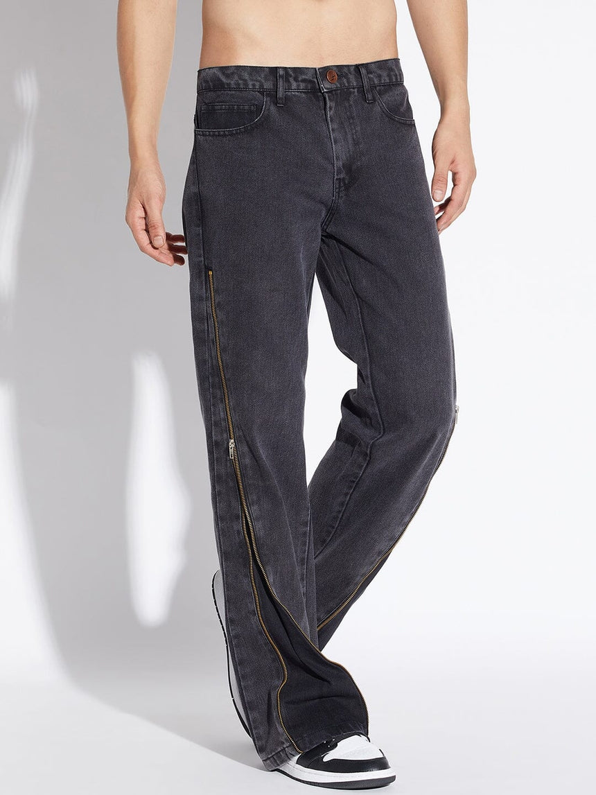 Black Zipped Adjustable Flared Denim Jeans Fugazee