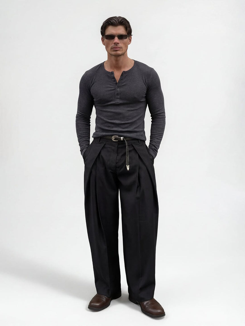 Charcoal Ribbed Henley Longsleeves Tshirt T-Shirts Fugazee
