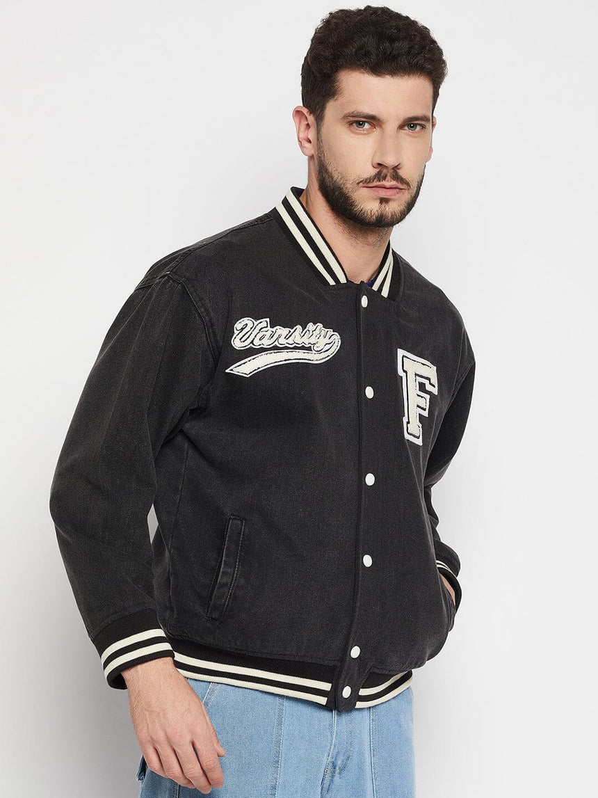 Grey Denim Varsity Jacket Jackets Fugazee