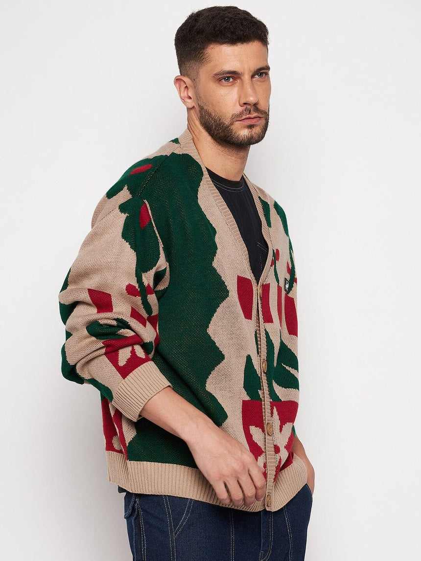 Beige Abstract Oversized Cardigan Sweaters Fugazee