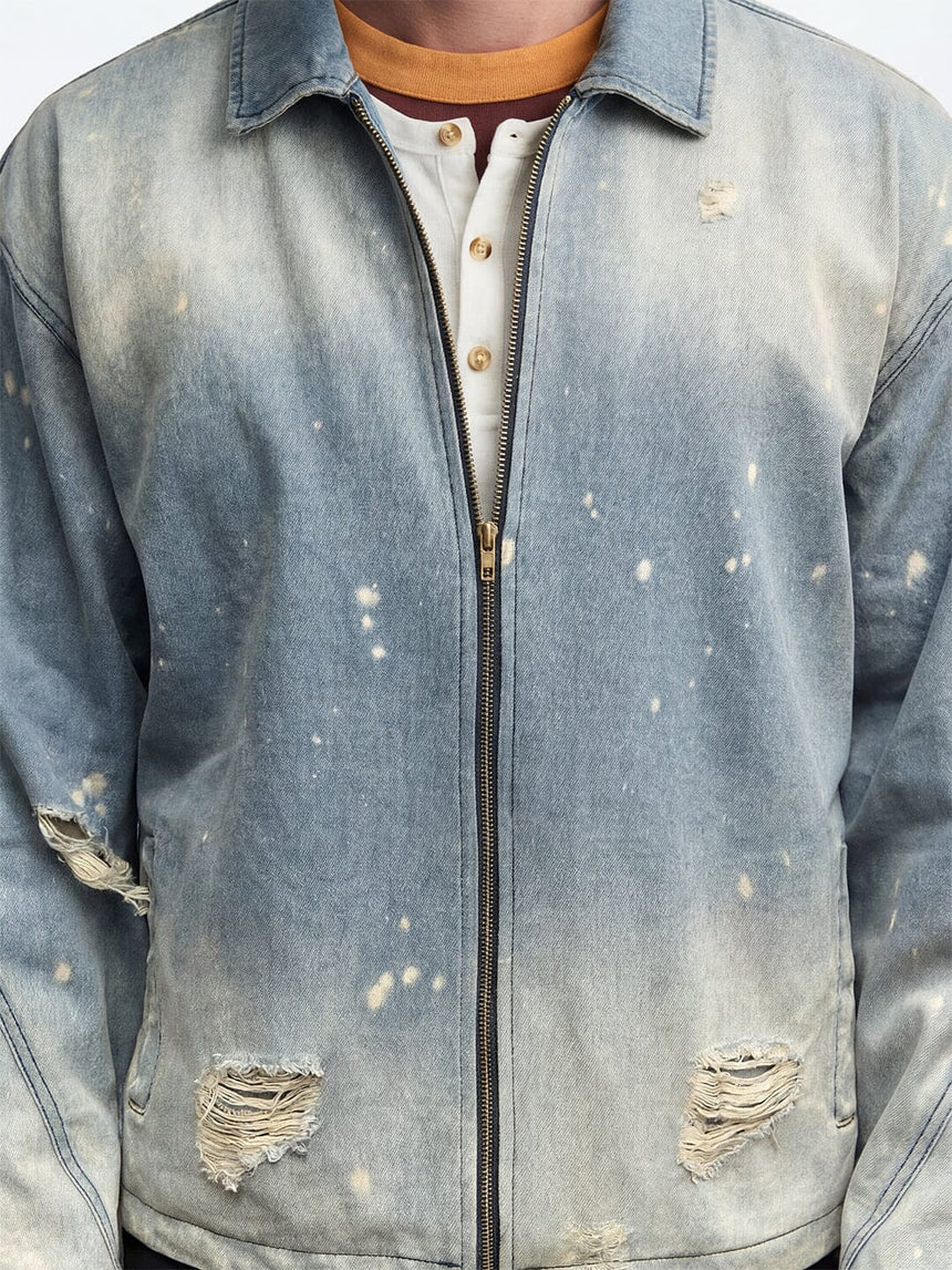 Indigo Distressed Denim Harrington Jacket Jackets Fugazee