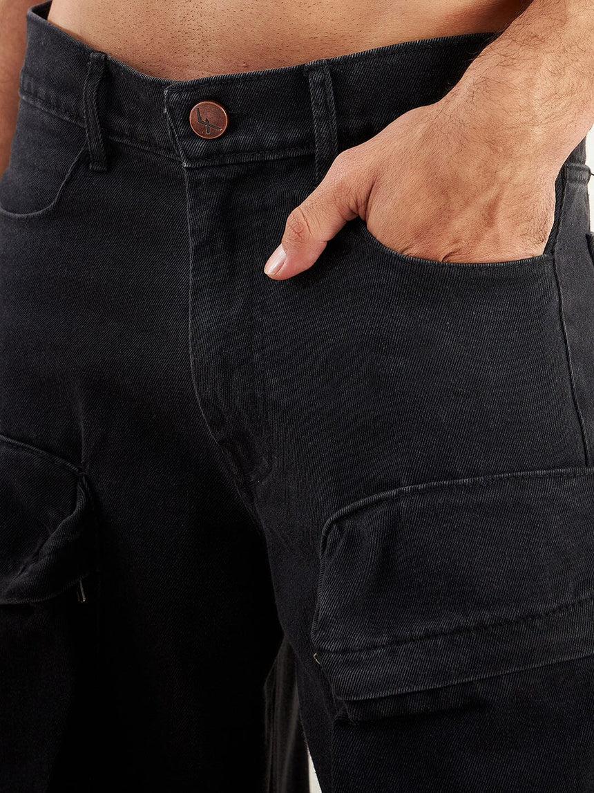 Black Super Baggy Cargo Denim Jeans Fugazee