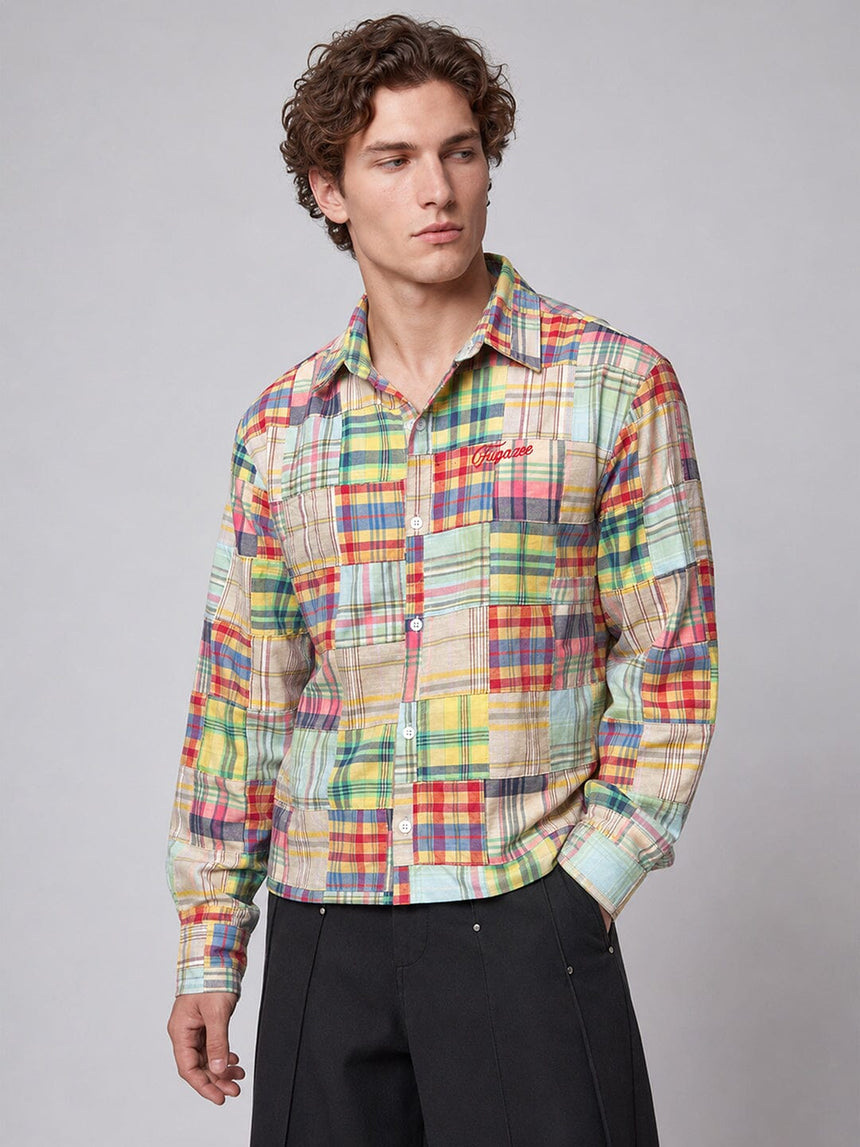 Multicolour Patchwork Plaid Cropped Shirt Shirts Fugazee