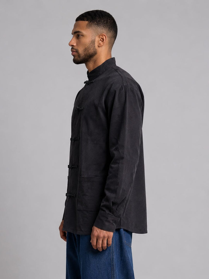 Black Mandarin Frog Buttoned Longline Shirt Shirts Fugazee