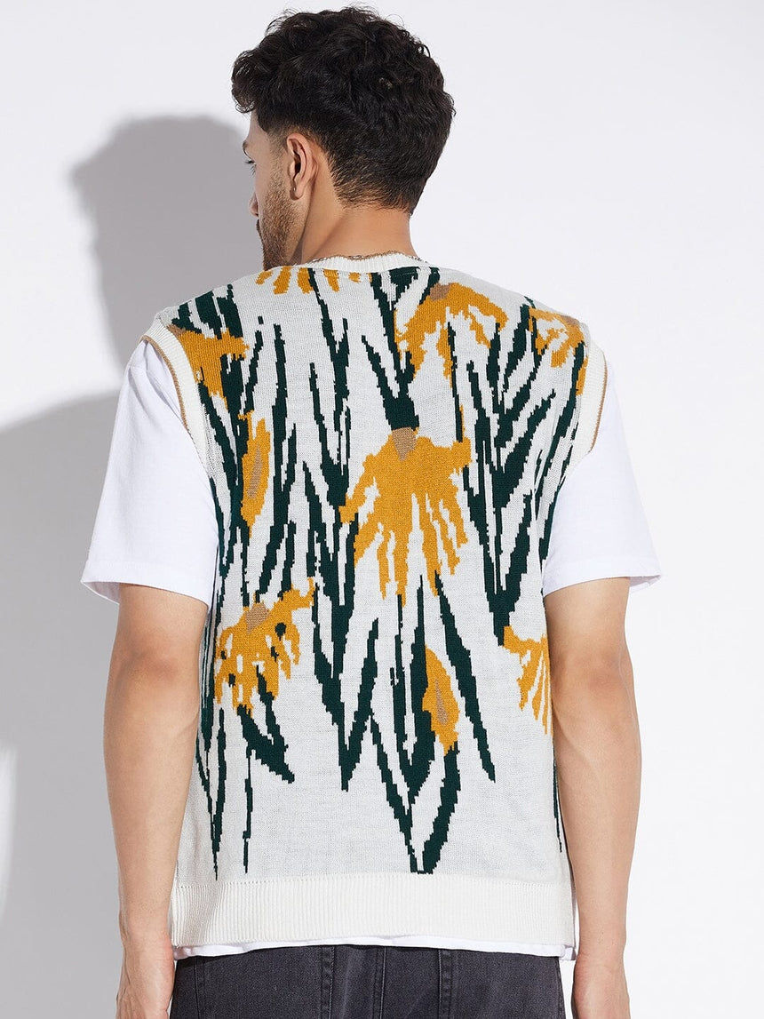 White Printed Sleeveless Cardigan Sweaters Fugazee