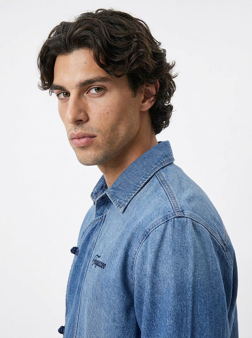 Denim Chinese Frog Buttoned Cropped Denim Shirt Shirts Fugazee