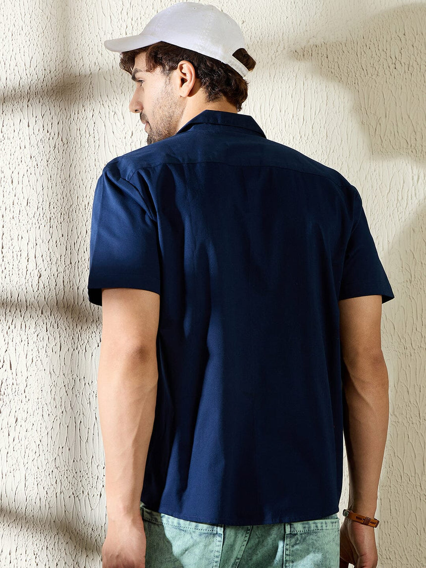 Navy Rose Embroidery Cuban Shirt Shirts Fugazee