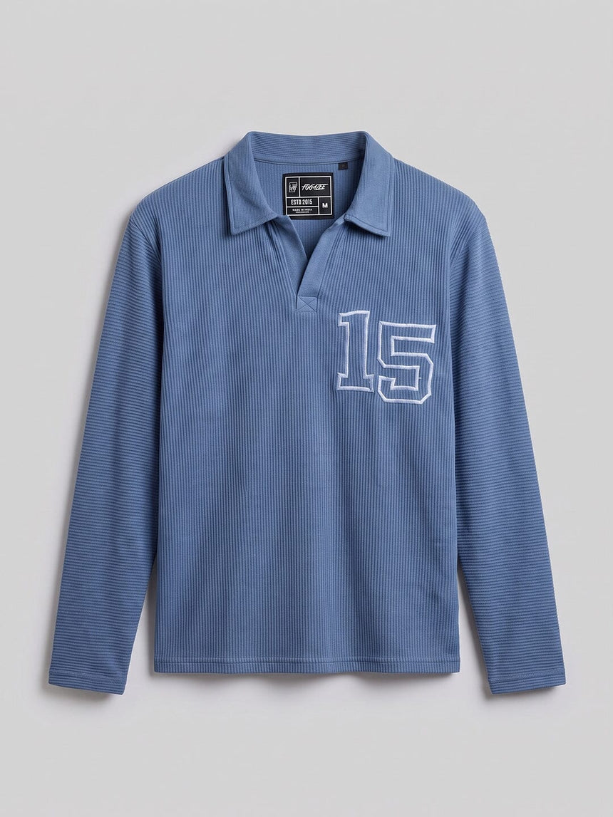 Blue Washed Textured Applique Longsleeve Polo Tshirt T-Shirts Fugazee