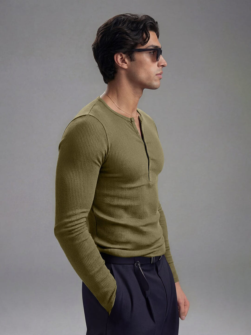 Olive Ribbed Henley Longsleeves Tshirt T-Shirts Fugazee