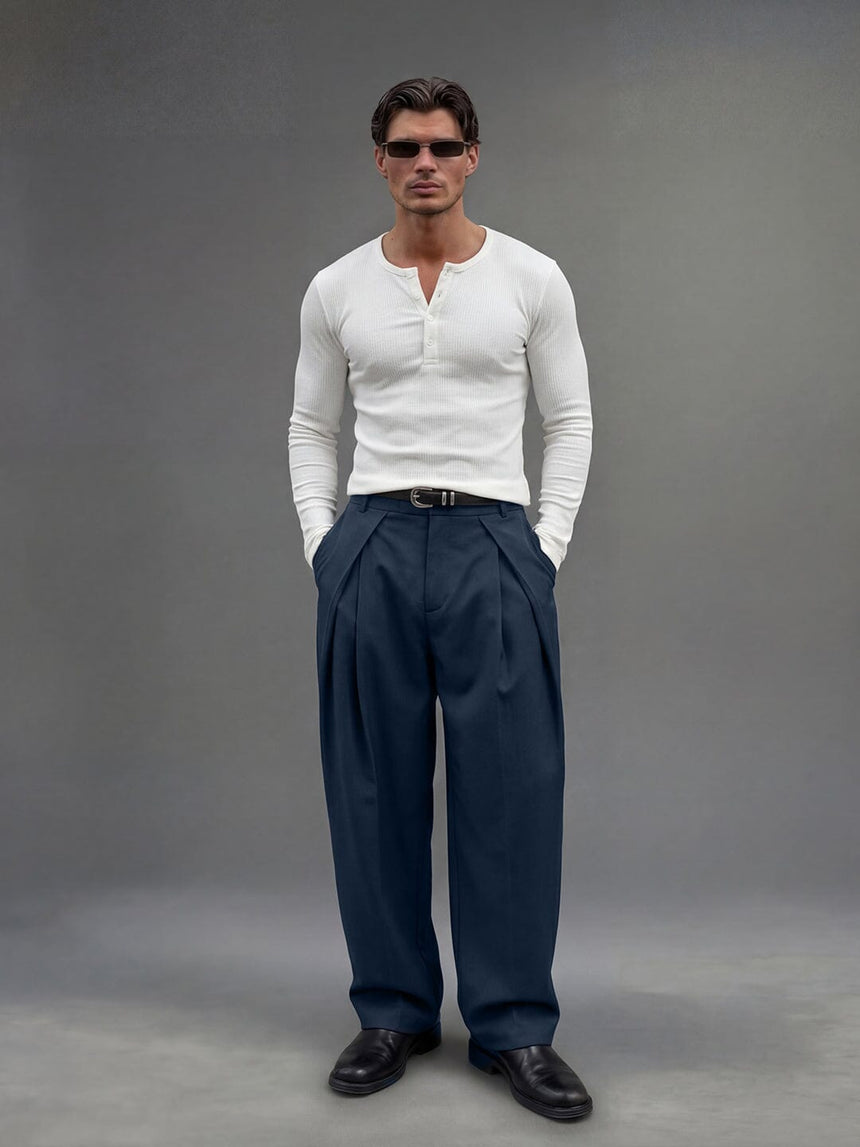 Navy Pleated Korean Trousers Trousers Fugazee
