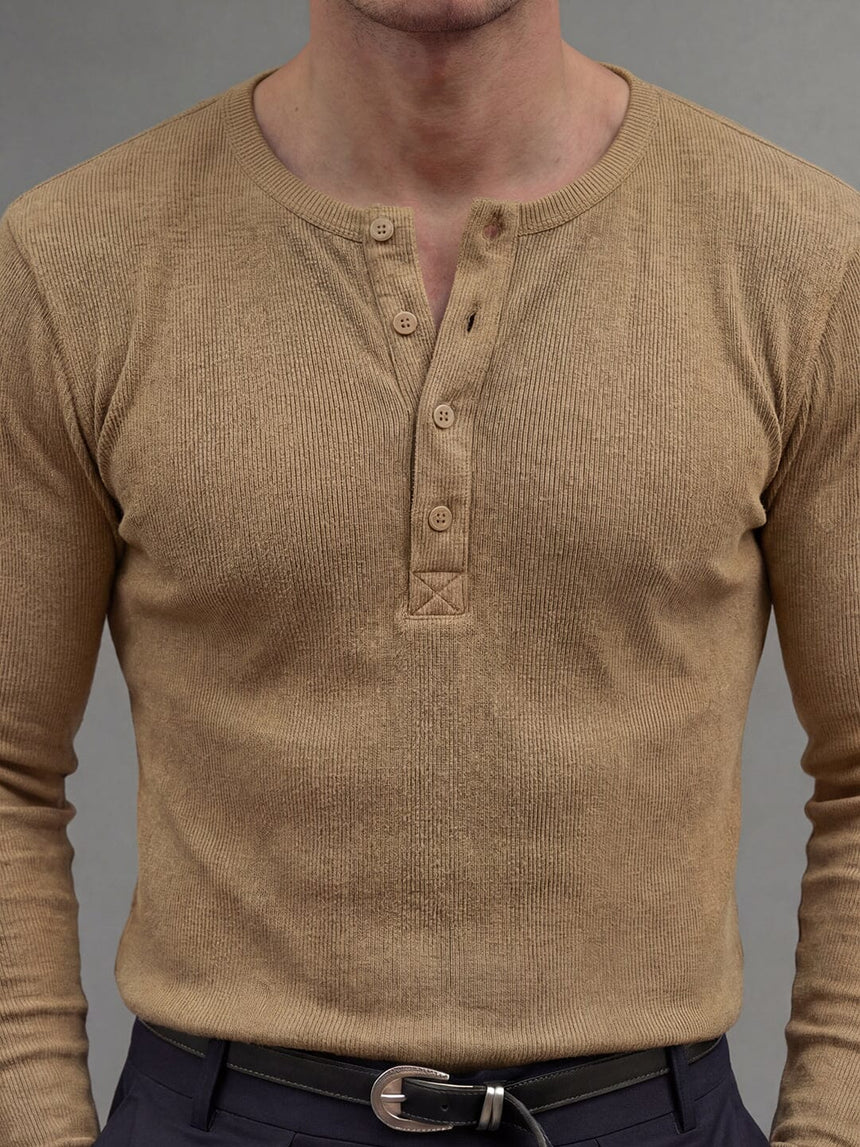 Beige Ribbed Henley Longsleeves Tshirt T-Shirts Fugazee