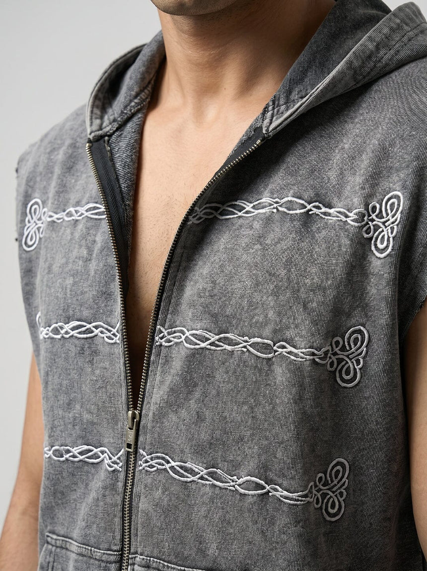 Acid Wash Embroidery Zipped Sleeveless Hooded Tshirt T-Shirts Fugazee