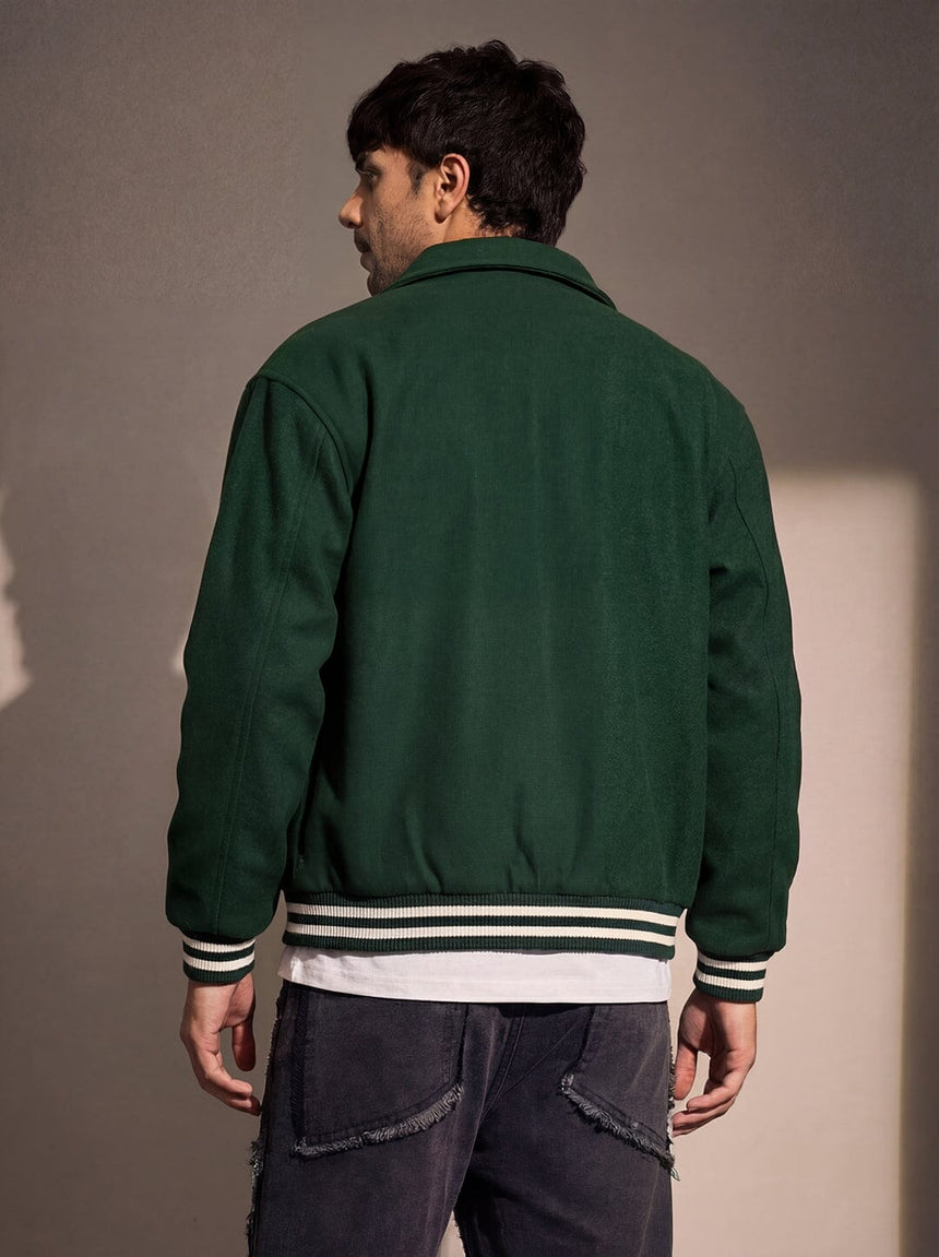Green Statement Woollen Sleeves Varsity Jacket Jackets Fugazee