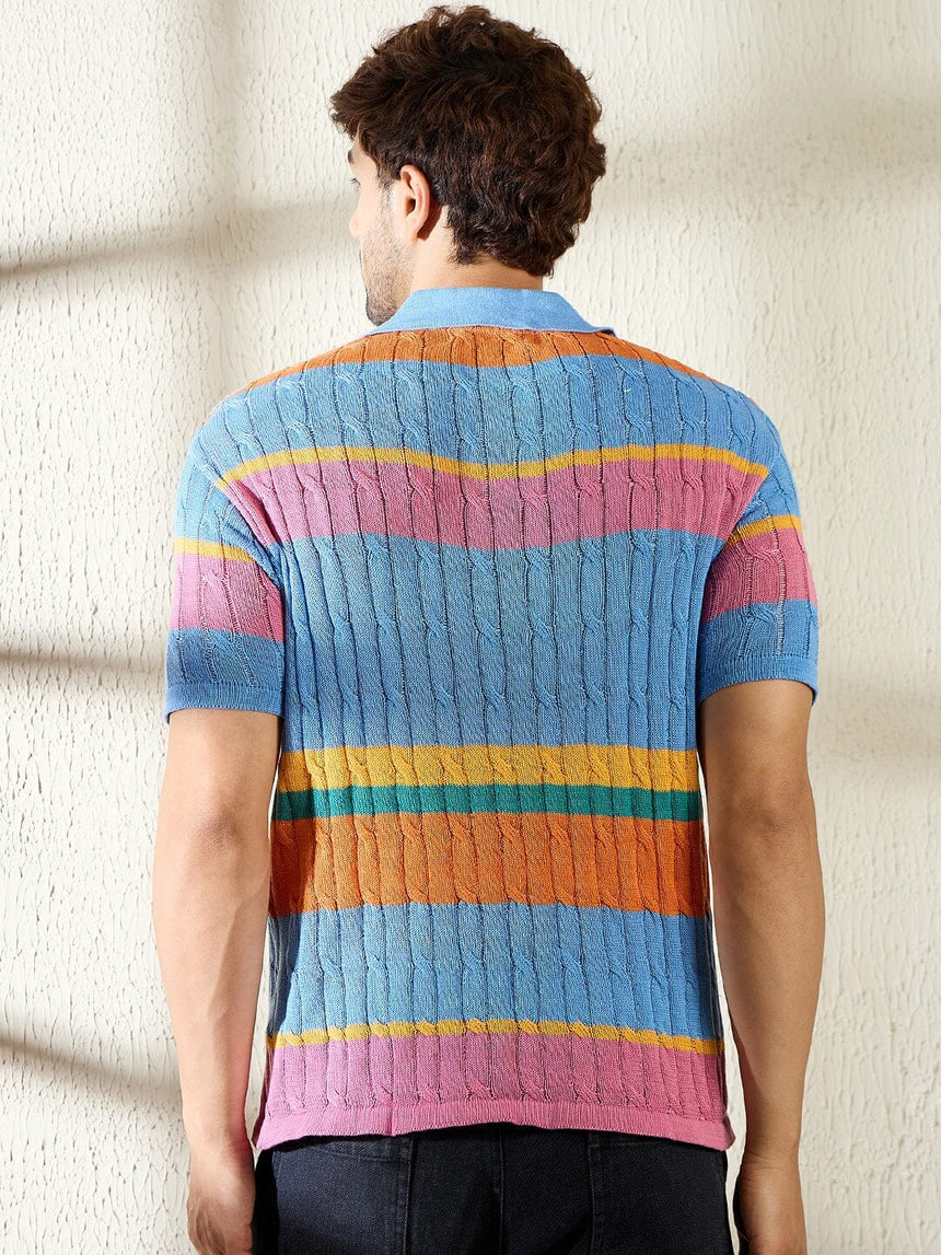 Sky Striped Cable Knit Polo Tshirt T-shirts Fugazee