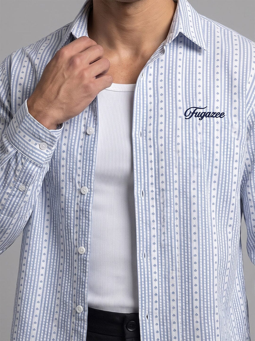 Airy Blue Seersucker Striped Cropped Shirt Shirts Fugazee