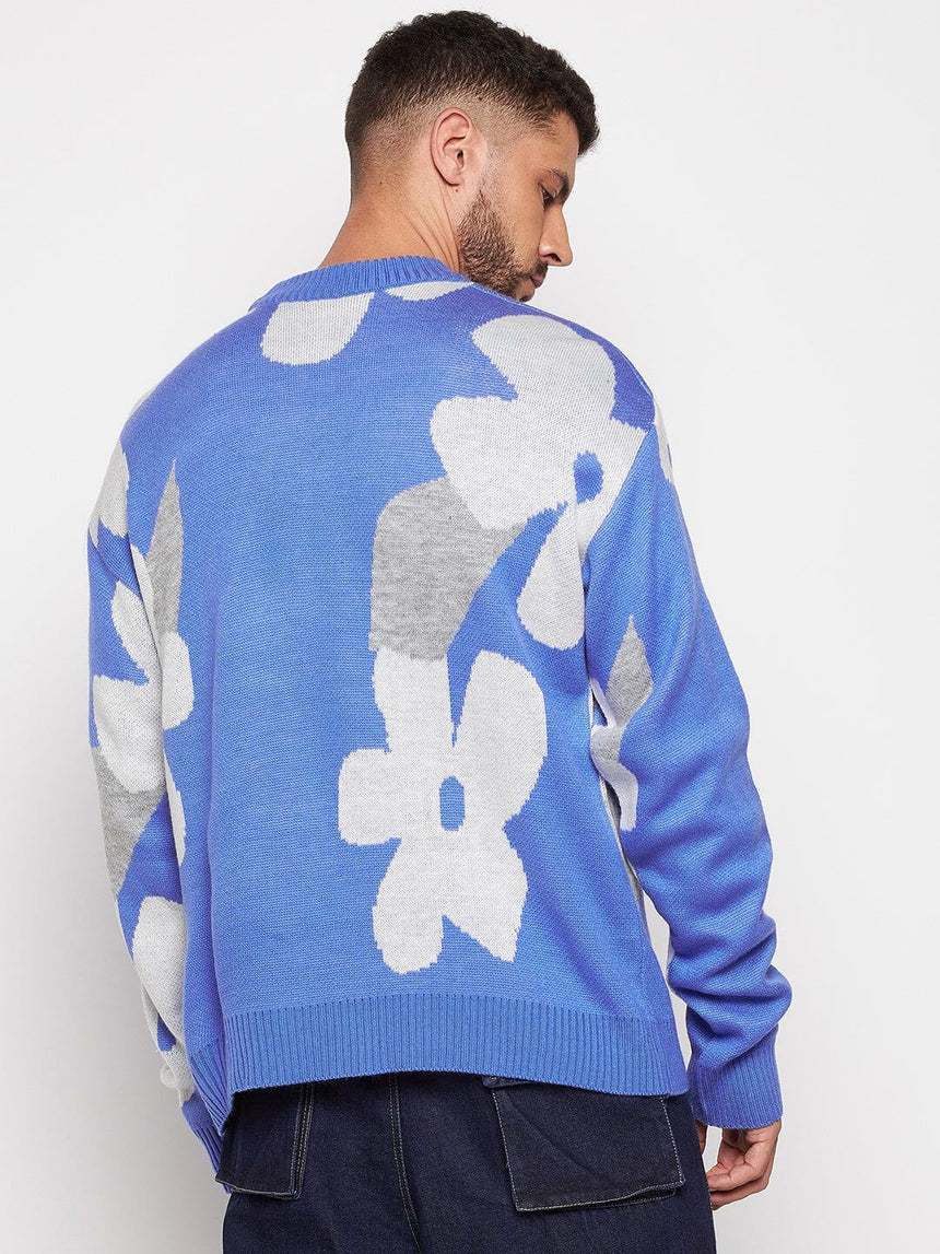 Sky Blue Floral Oversized Sweater Sweaters Fugazee
