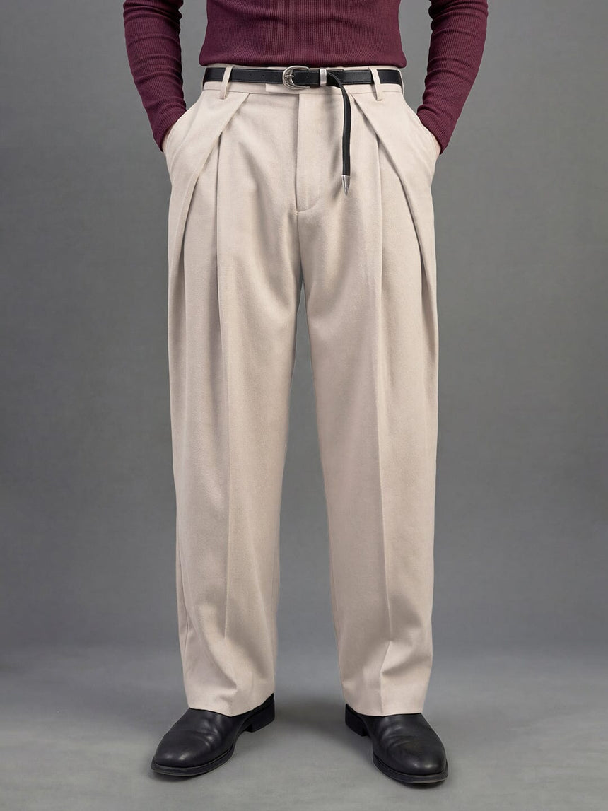 Cream Korean Pleated Trousers Trousers Fugazee
