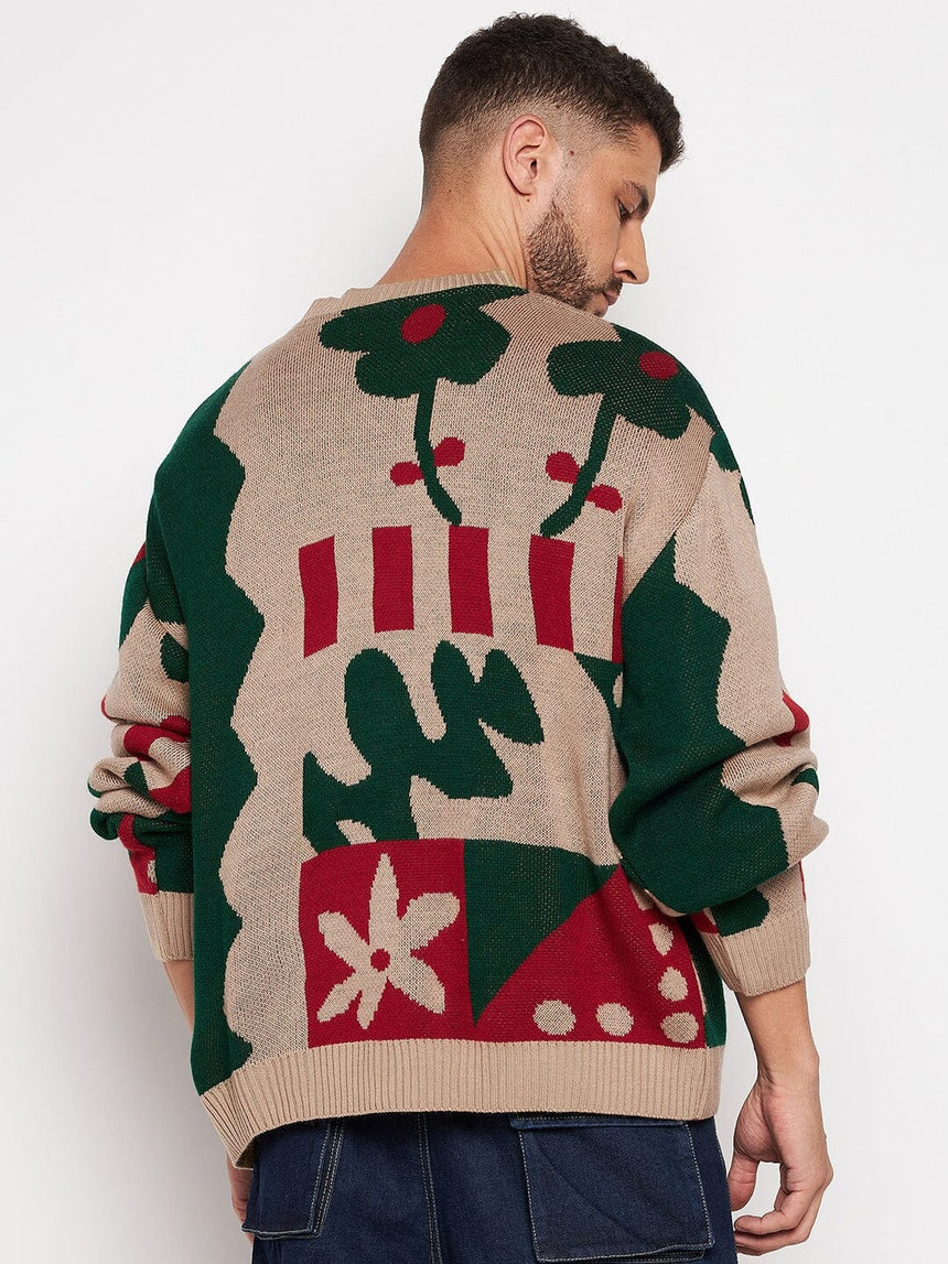 Beige Abstract Oversized Cardigan Sweaters Fugazee