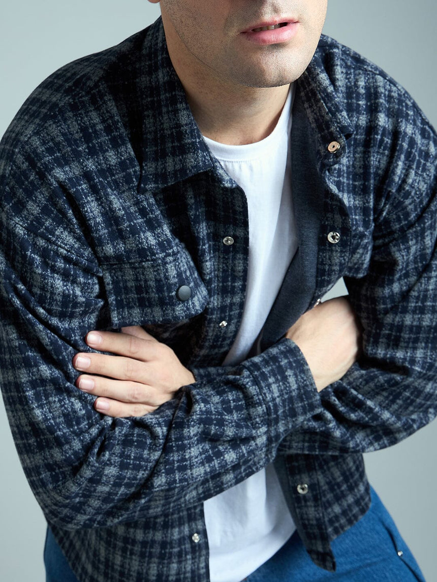 Charcoal & Navy Checkered Tweed OverShirt Shackets Fugazee