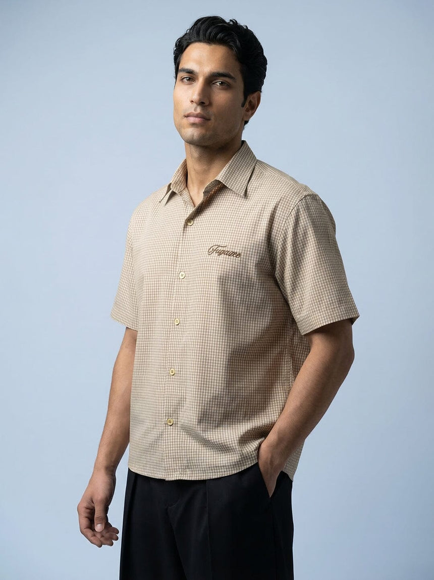 Sand Gingham Cropped Short Sleeve Shirt Shirts Fugazee
