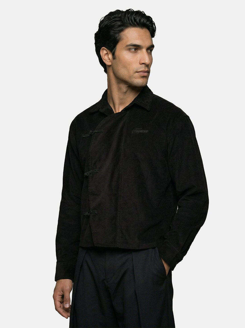 Black Corduroy Chinese Knot Buttoned Cropped Shirt Shirts Fugazee