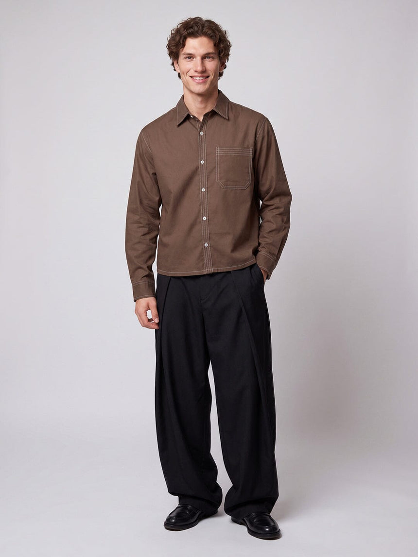 Brown Contrast Stitch Cropped Shirt Shirts Fugazee
