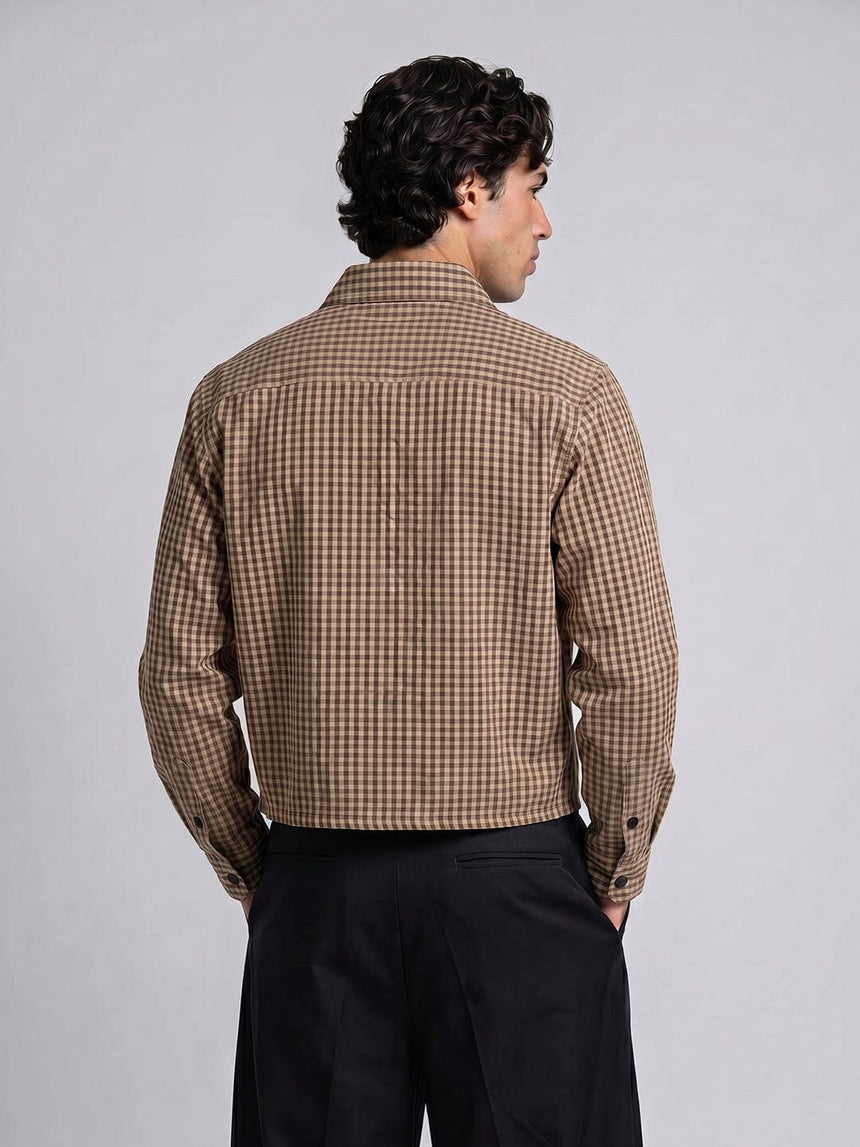 Mustard Checkered Frog Buttoned Cropped Shirt Shirts Fugazee