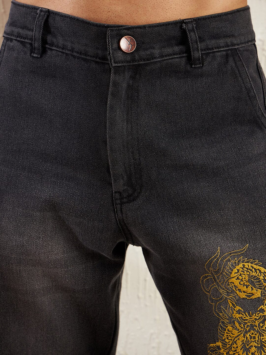 Black Dragon Embroidery Flared Denim Jeans Fugazee