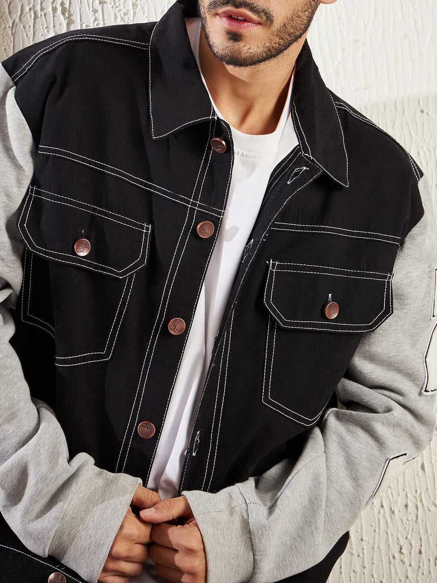 Black Letterman Contrast Stitch Jacket Jackets Fugazee