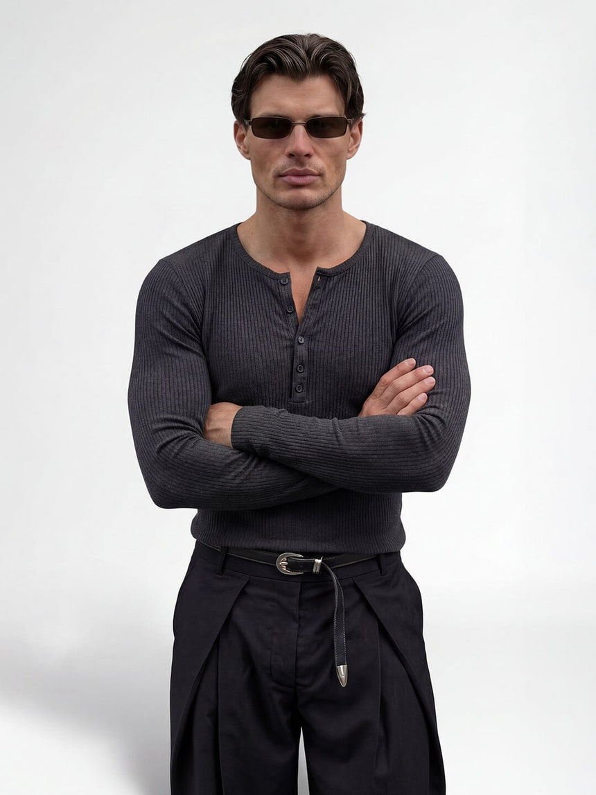 Charcoal Ribbed Henley Longsleeves Tshirt T-Shirts Fugazee