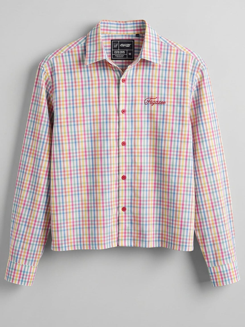 Rainbow Checkered Seersucker Cropped Shirt Shirts Fugazee