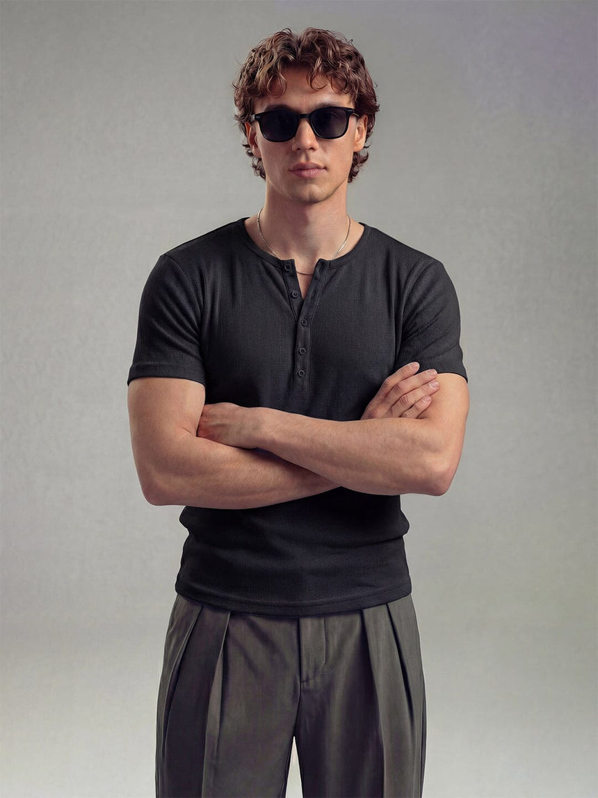 Black Ribbed Henley Short Sleeves Tshirt T-Shirts Fugazee