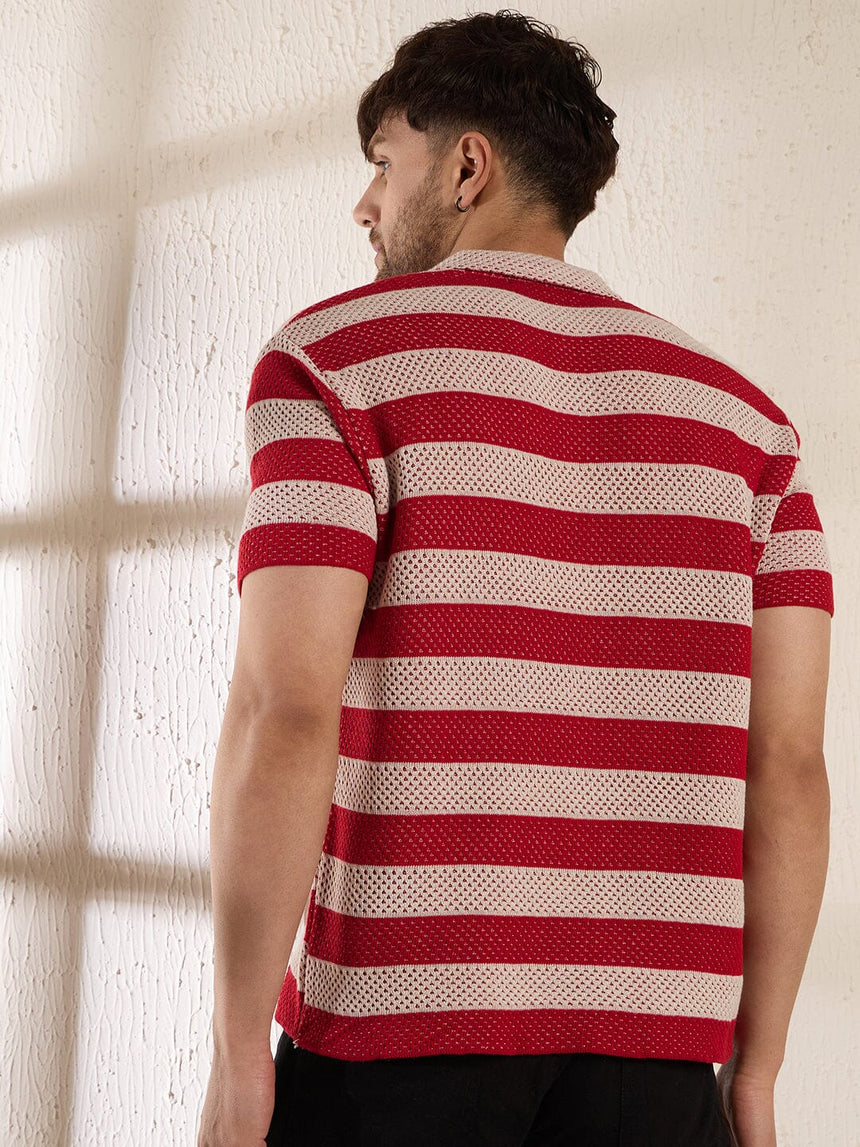 Red Striped Crochet Knitted Shirt Shirts Fugazee
