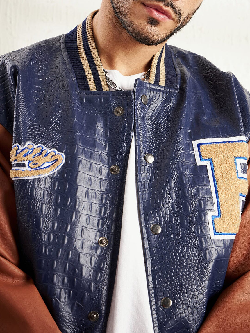 Navy Pu Croc Varsity Jacket Jackets Fugazee