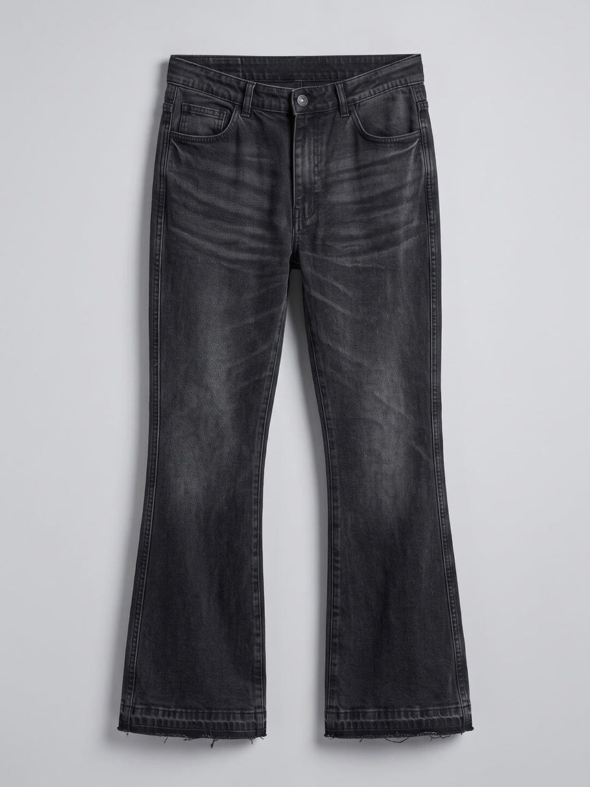 Black Washed Flared Raw Edge Denim Jeans Fugazee
