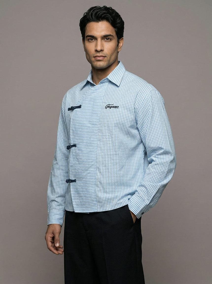 Sky Checkered Chinese Knot Buttoned Cropped Shirt Shirts Fugazee