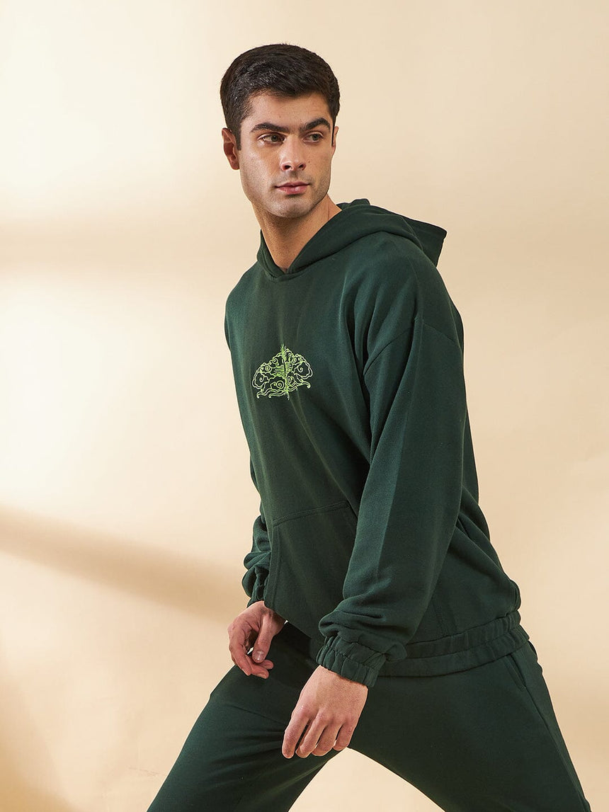 Moss Green Embroidered Oversized Hoodie Sweatshirts Fugazee