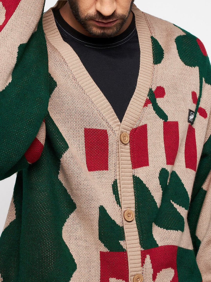 Beige Abstract Oversized Cardigan Sweaters Fugazee