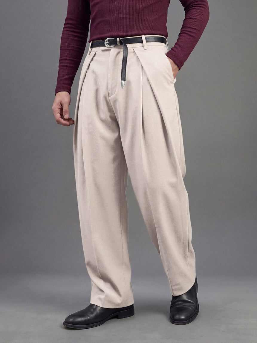 Cream Korean Pleated Trousers Trousers Fugazee