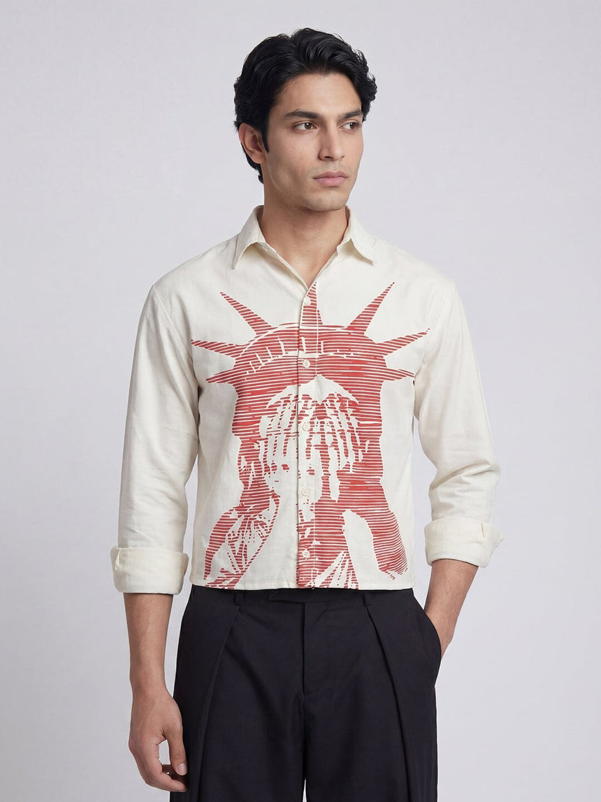 White Corduroy Graphic Cropped Shirt Shirts Fugazee