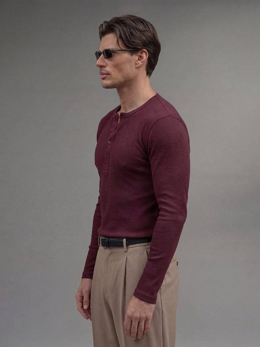 Maroon Ribbed Henley Longsleeves Tshirt T-Shirts Fugazee