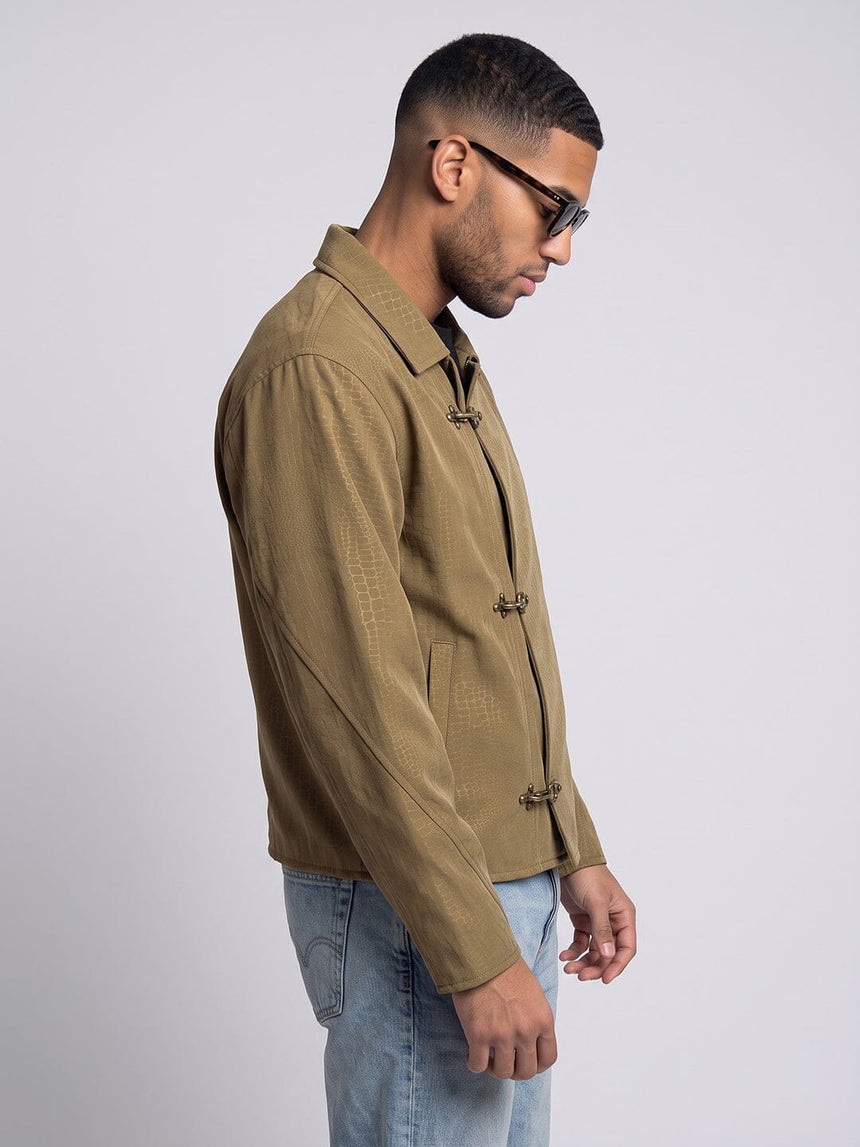 Tan Croc Textured Fireman Clasp Harrington Jacket Jackets Fugazee