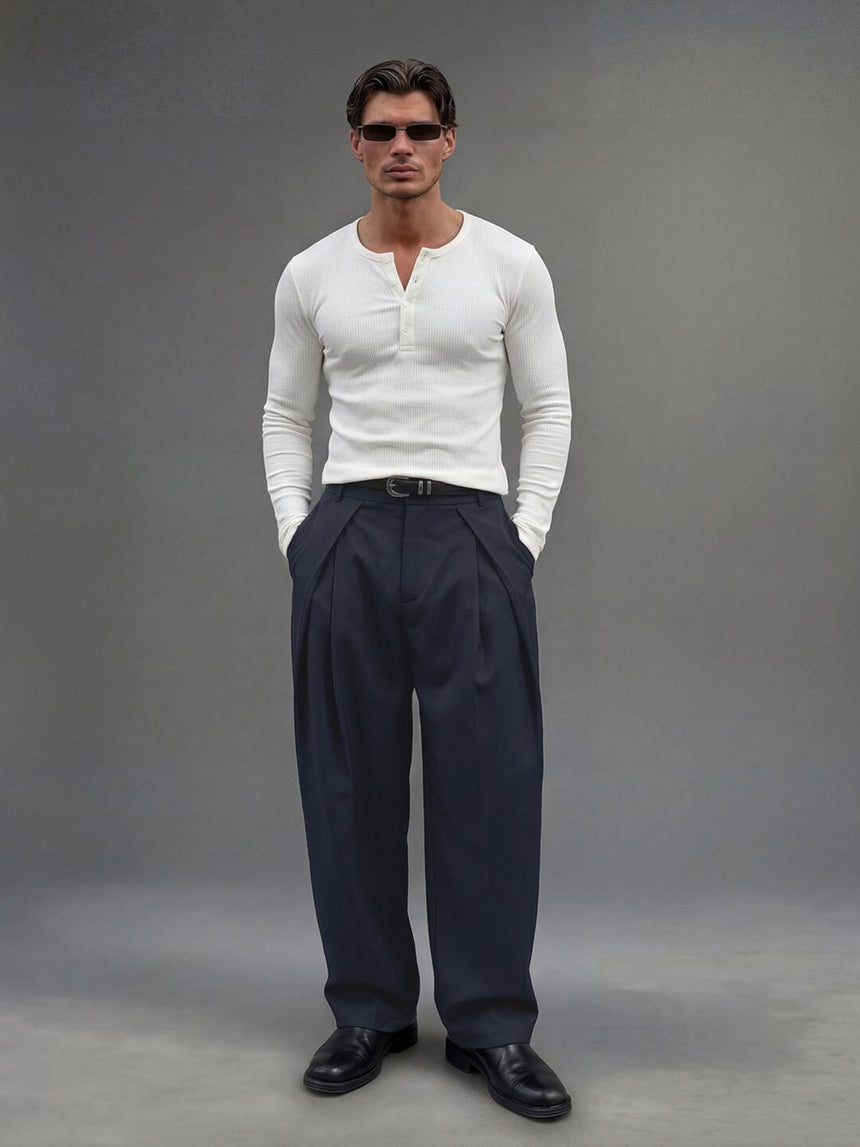 Midnight Blue Pleated Korean Trousers Trousers Fugazee