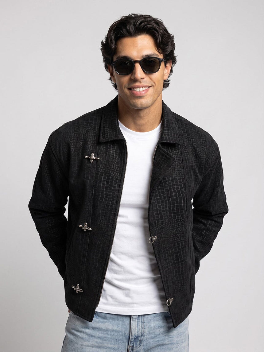 Black Croc Textured Fireman Clasp Harrington Jacket Jackets Fugazee