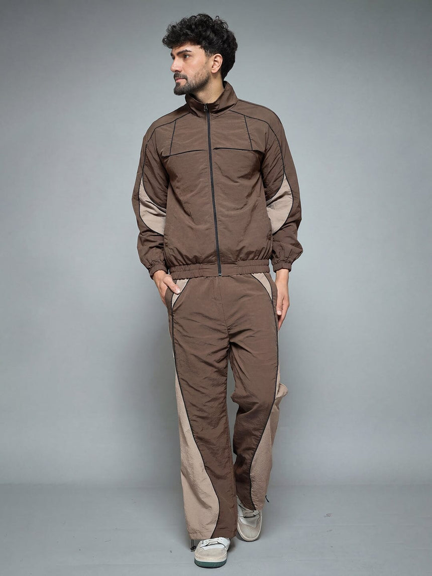 Brown And Beige Cut And Sew Tracksuit Tracksuits Fugazee