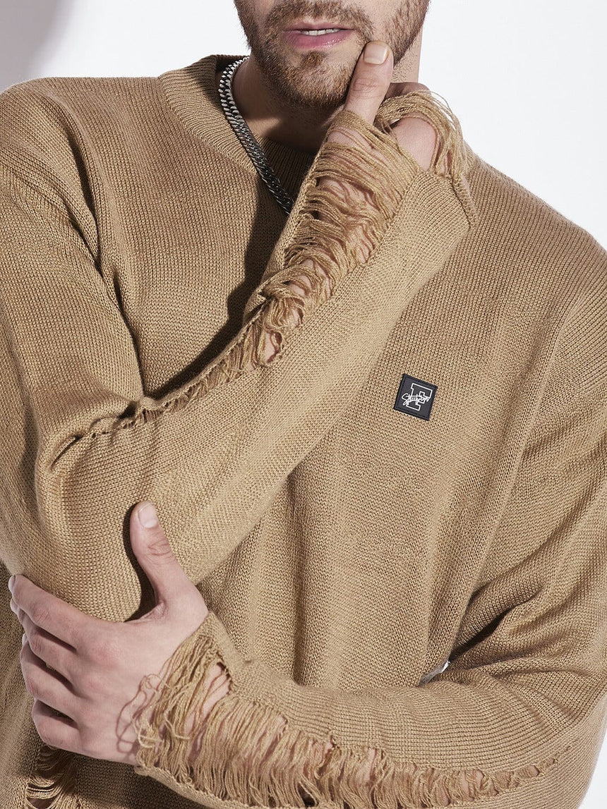 Beige Damaged Raw Edge Sweater Sweaters Fugazee